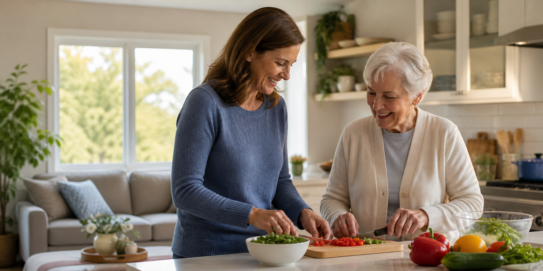 A professional companion helping an older adult prepare a meal at home